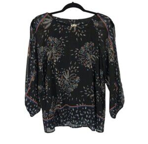 One September Womens Small Black Floral Chiffon Long Sleeve Split Sleeve Top